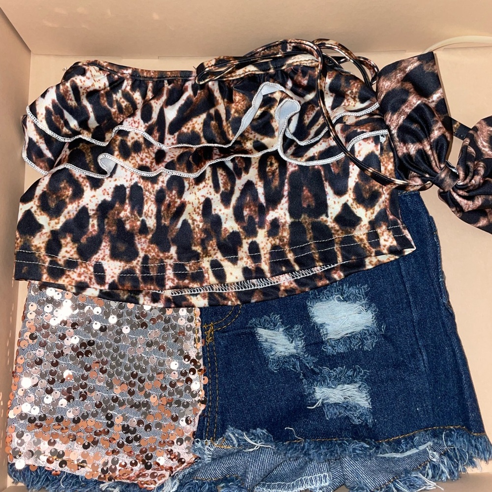 Leopard Print Crop Top and Sequin Denim Shorts Set